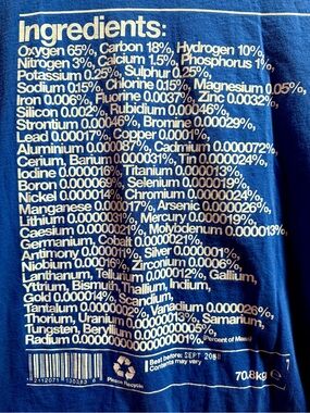 Nutritional Information Label For the Human Body T-shirt Size L